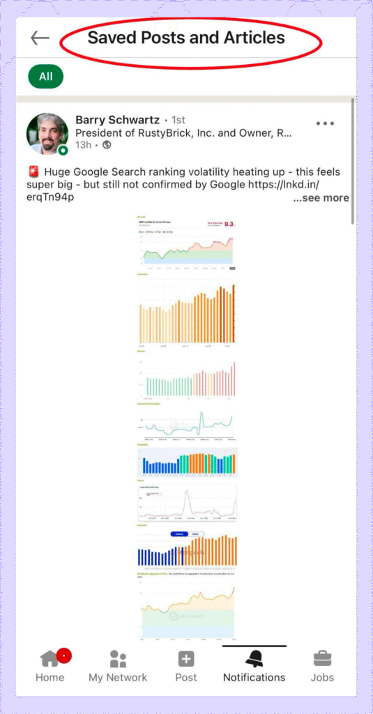 Saved posts and Articles on LinkedIn