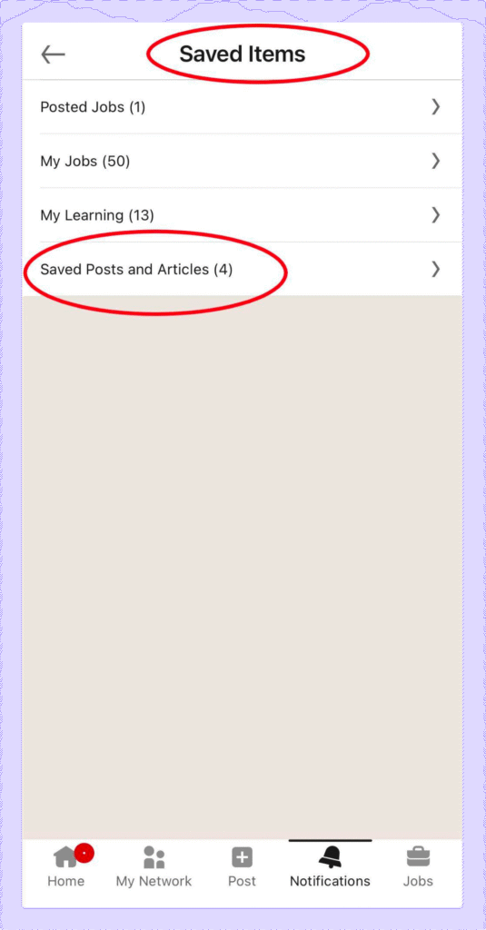 Saved items on LinkedIn