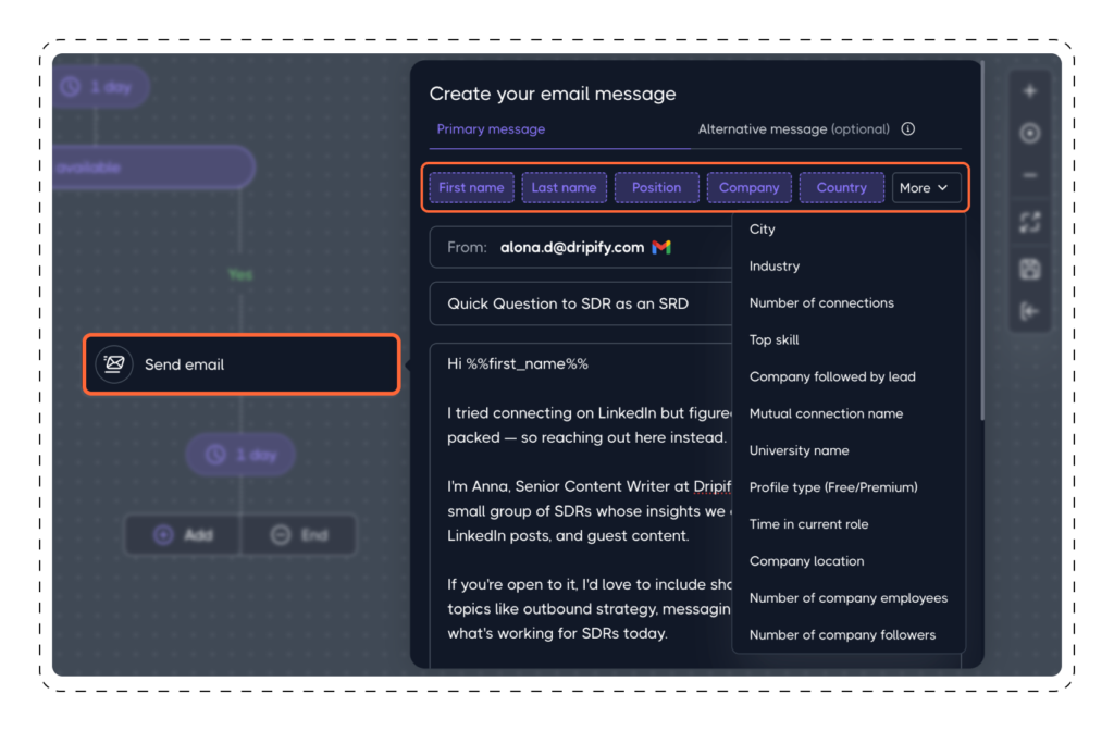 Communication Actions: Send an email in Dripify drip campaign