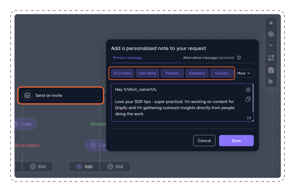 Communication Actions: Send an invite in Dripify drip campaign 1