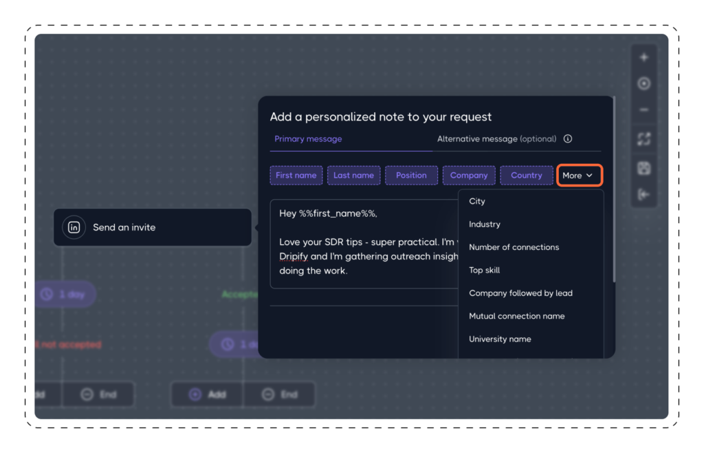 Communication Actions: Send an invite in Dripify drip campaign 2