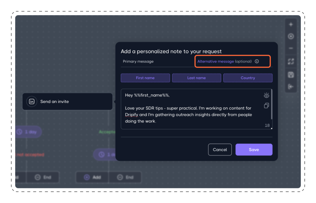 Communication Actions: Send an invite in Dripify drip campaign 3