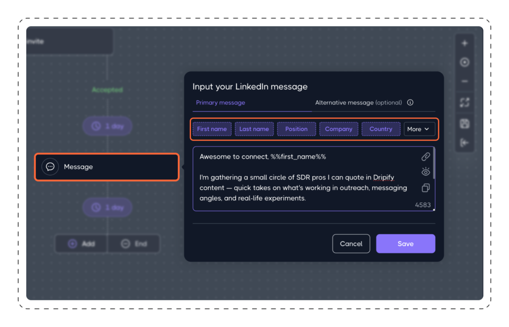 Communication Actions: Send a message in Dripify drip campaign 1