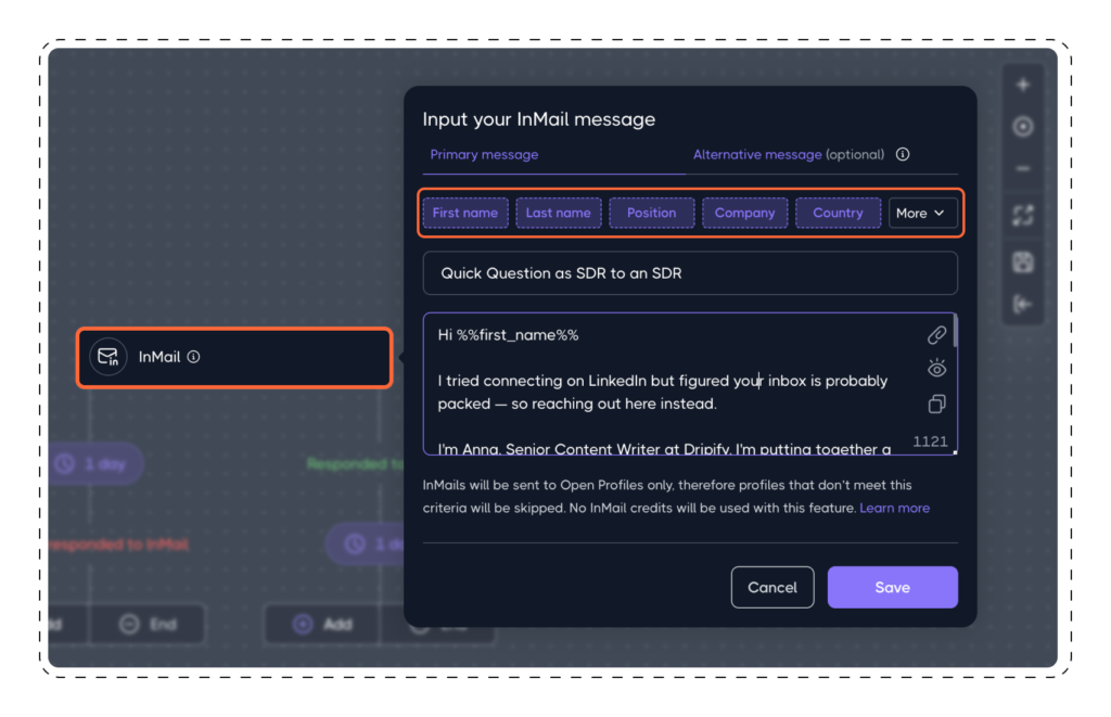 Communication Actions: Send an InMail in Dripify drip campaign