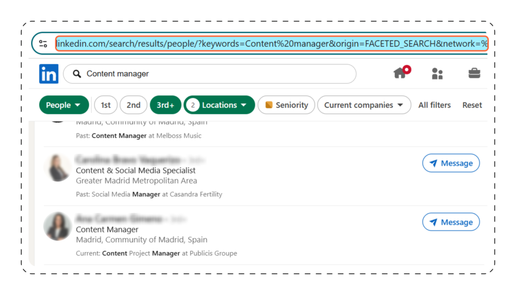 copy the LinkedIn search URL