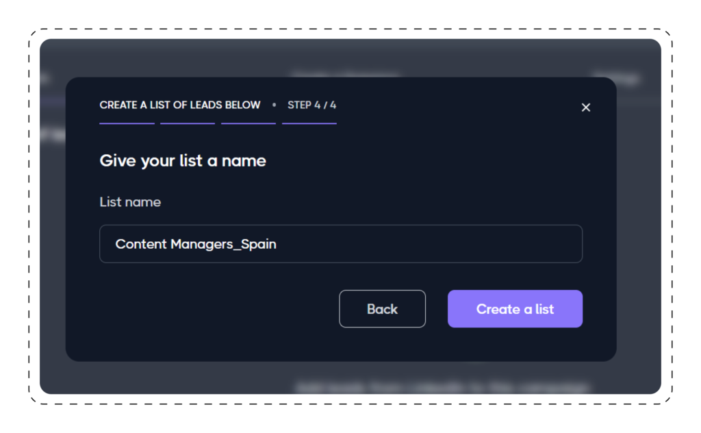 Dripify prompt you to name your list