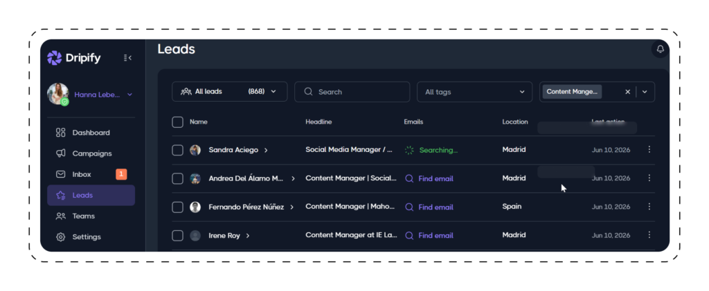 Dripify search pre-verified professional email