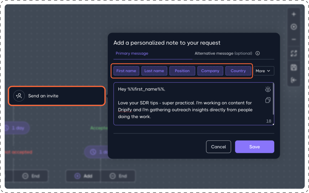 Communication Actions: Send an invite in Dripify drip campaign 1