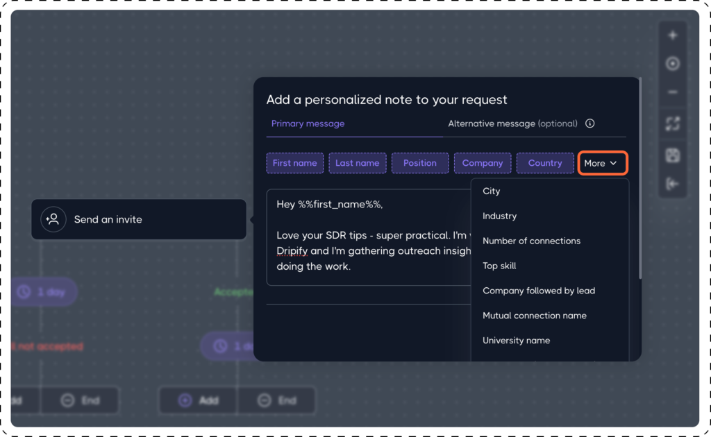 Communication Actions: Send an invite in Dripify drip campaign 2
