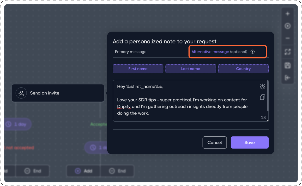 Communication Actions: Send an invite in Dripify drip campaign 3