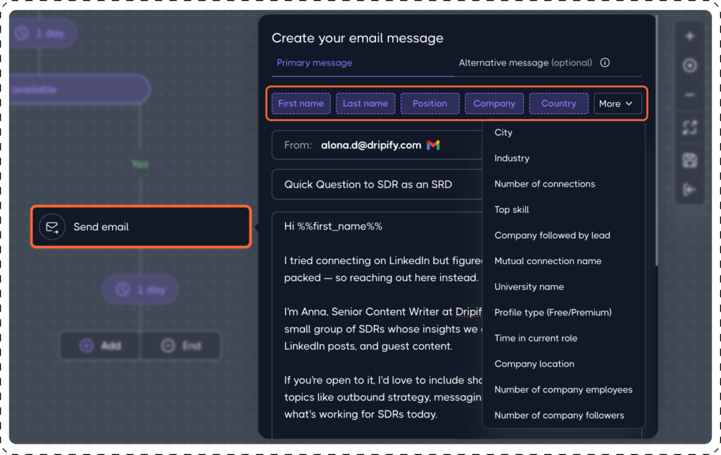 Communication Actions: Send an InMail in Dripify drip campaign