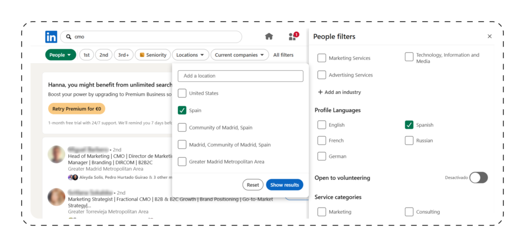 LinkedIn profiles are set to Spanish