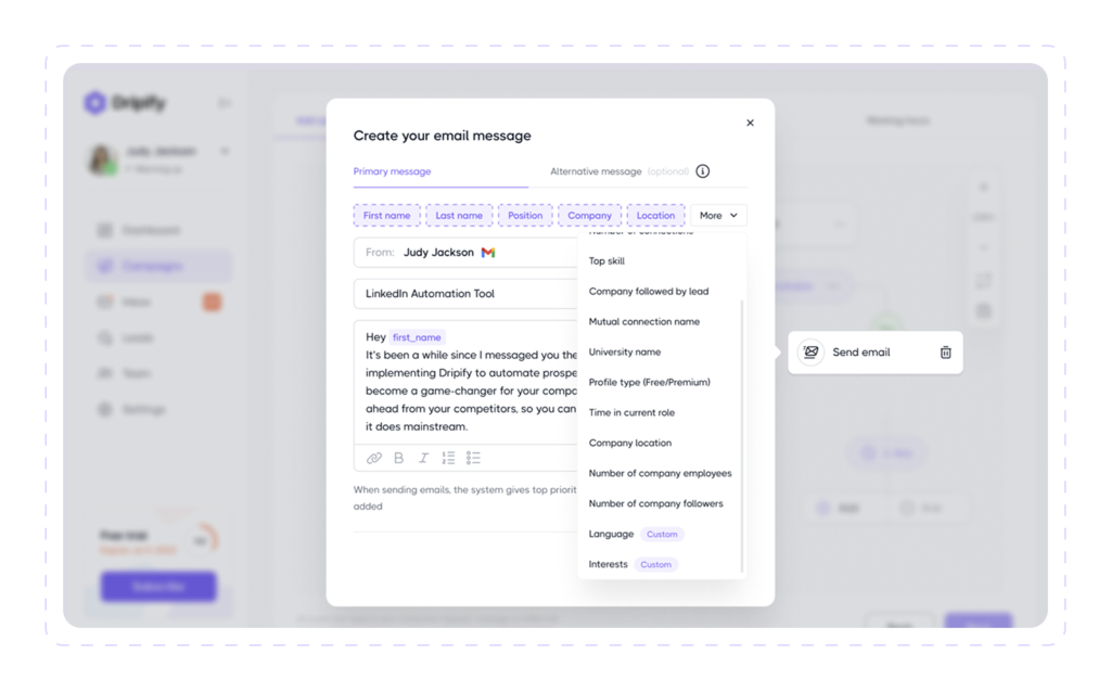 Dripify email editor with personalization variables and custom lead fields like Language and Interests for LinkedIn outreach
