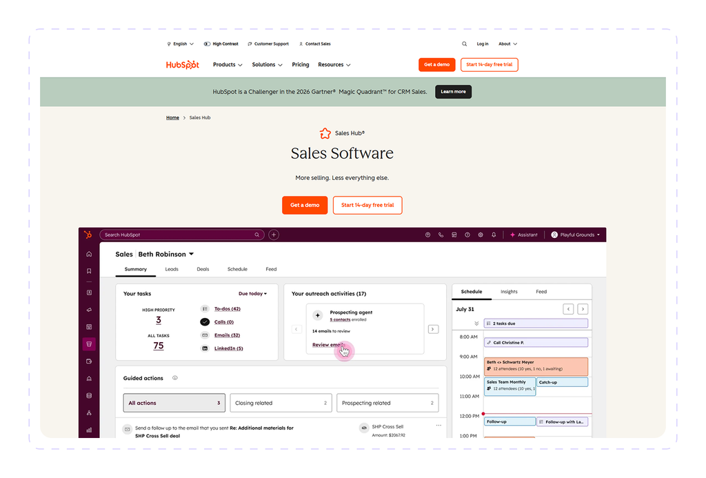HubSpot Sales Hub page with a dashboard showing tasks, outreach activities, and a daily schedule