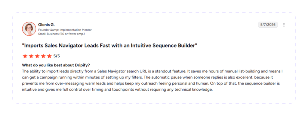 Dripify user review on G2 stating the importance of pausing an automated sequence