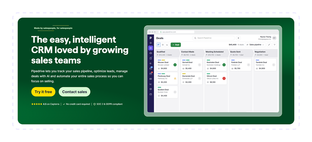 Pipedrive homepage with a deal pipeline board organized by sales stage