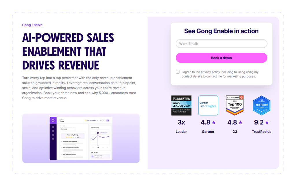Gong Enable page with a demo booking form and review site ratings