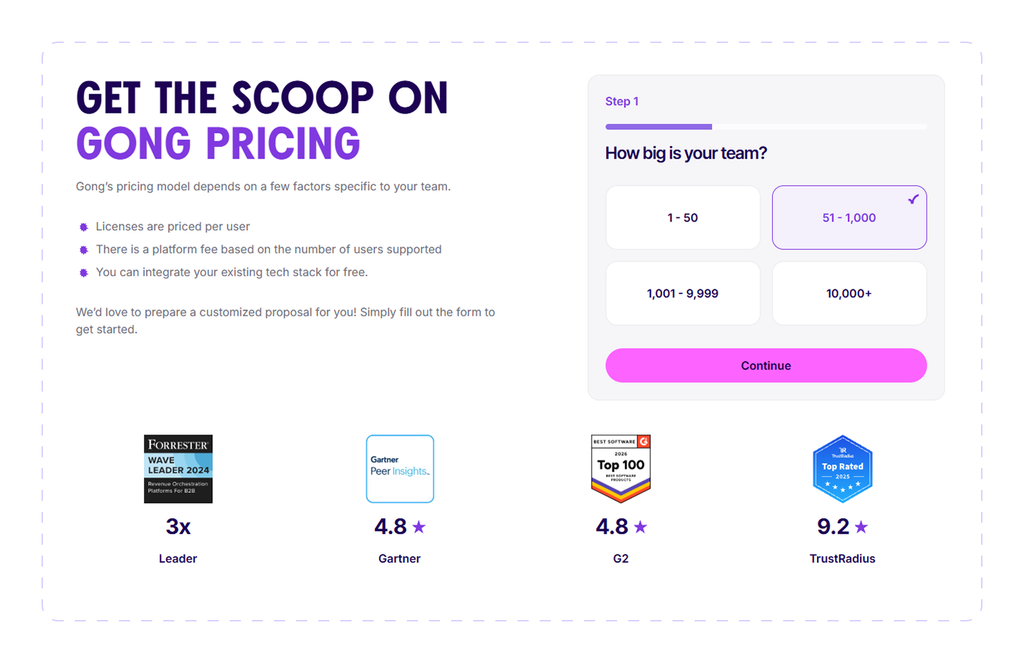 Gong pricing page with a form that asks for team size to prepare a custom quote