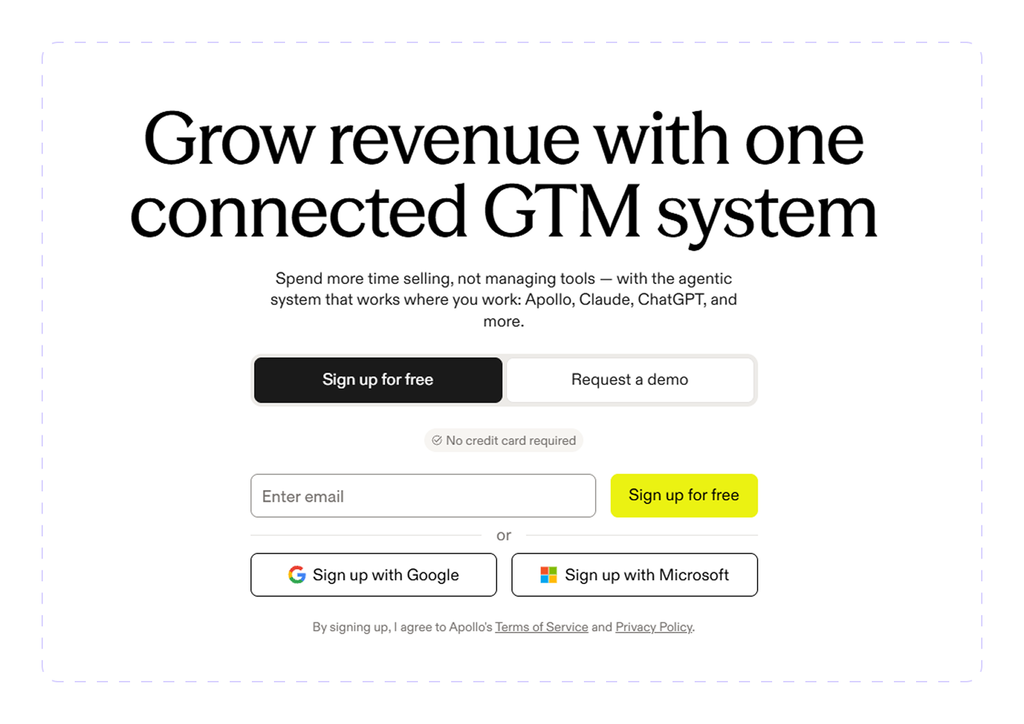 Apollo homepage with free sign-up options via email, Google, or Microsoft