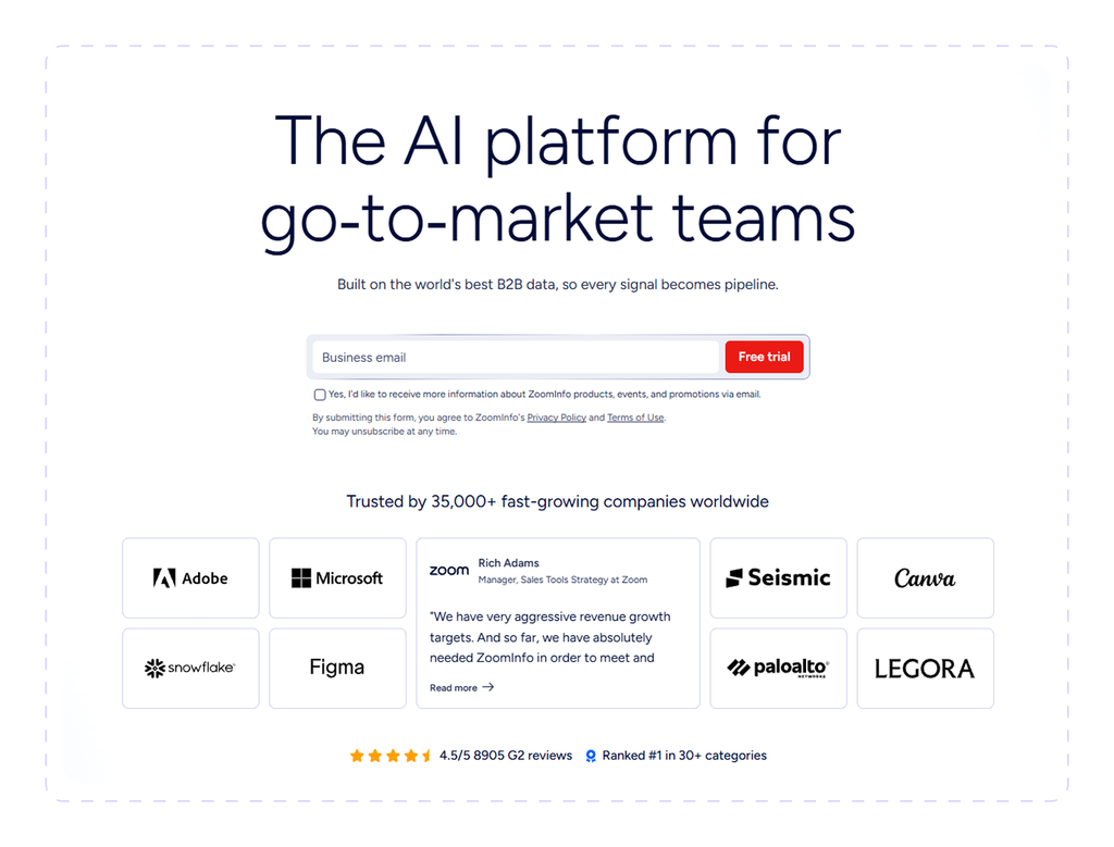 ZoomInfo homepage with a free trial sign-up field and customer logos