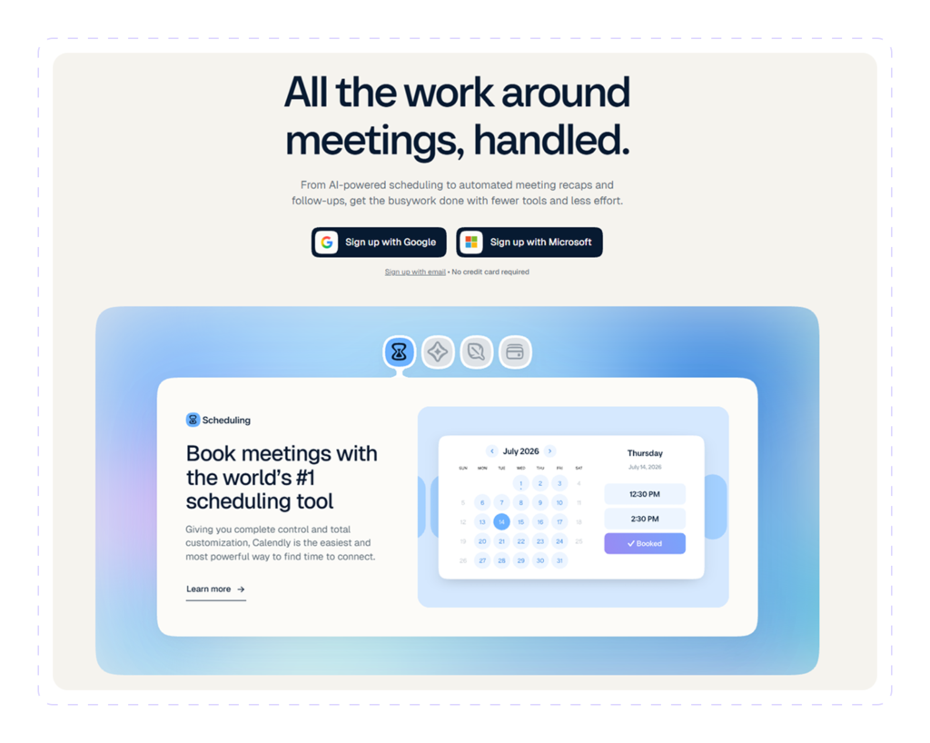 Calendly homepage showing a meeting booking calendar