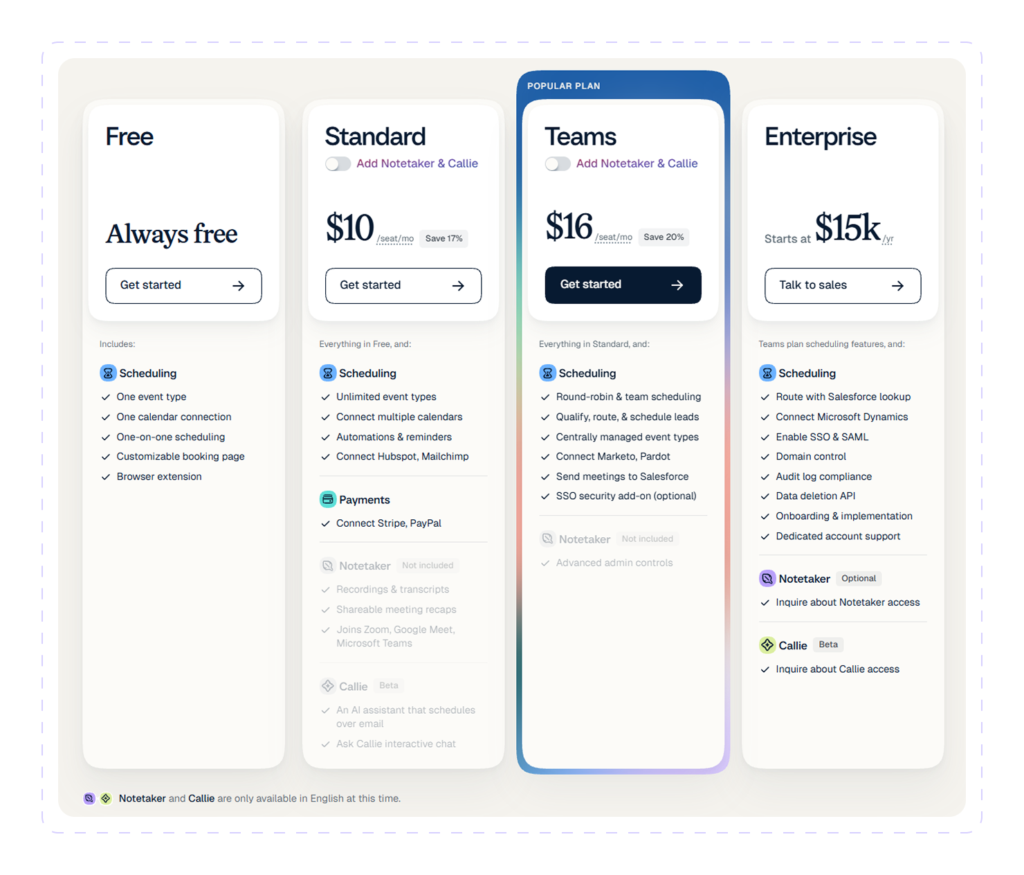 Calendly pricing page with Free, Standard, Teams, and Enterprise plans