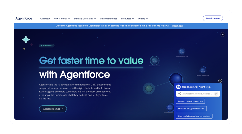 Salesforce Agentforce homepage, an AI agent platform for 24/7 autonomous customer support.