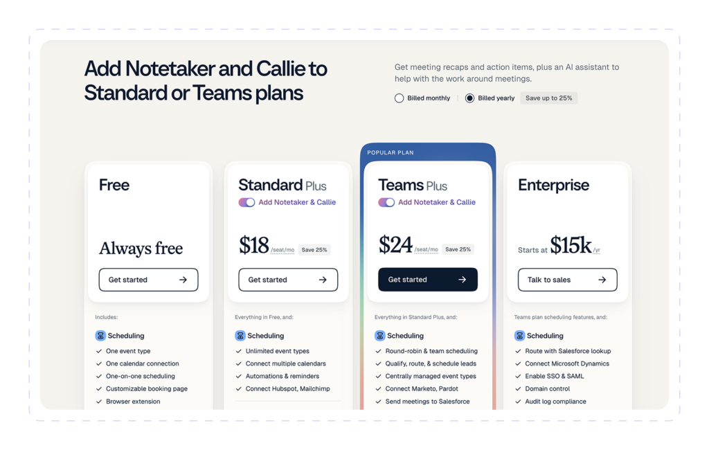 Calendly pricing plans: Free, Standard $18, Teams $24 per seat/month, Enterprise from $15k/year