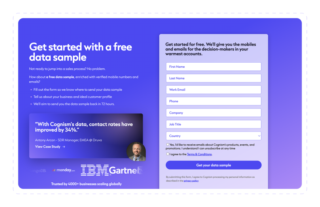 Cognism free data sample request form with verified mobile numbers and emails