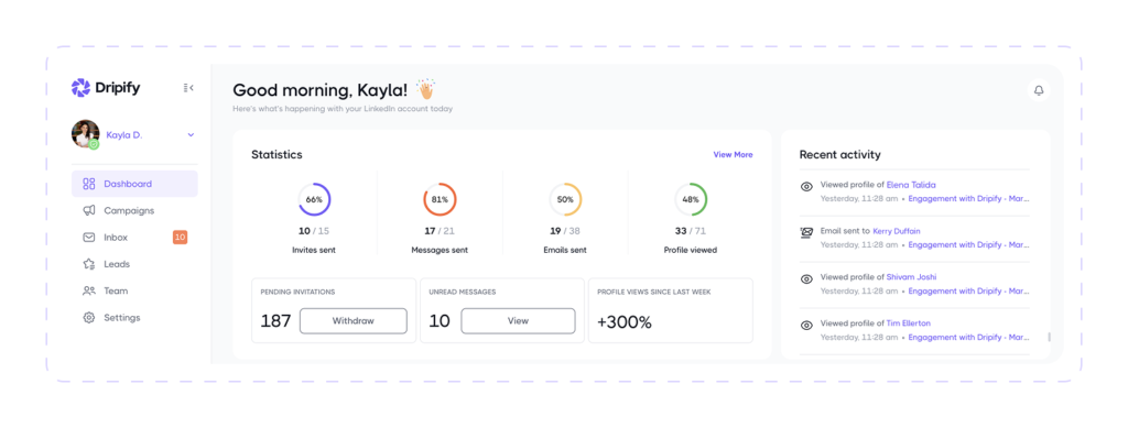 Dripify dashboard showing LinkedIn invites, messages, emails sent, and profile view statistics
