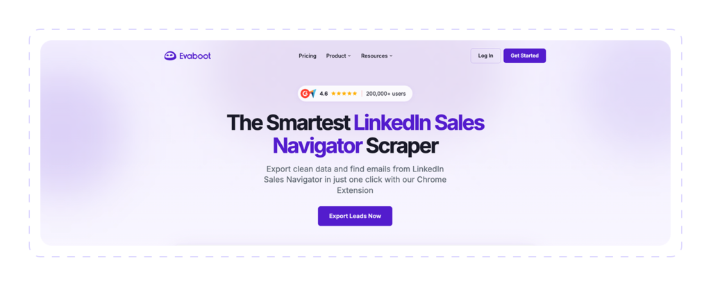 Evaboot homepage, a LinkedIn Sales Navigator scraper Chrome extension for exporting leads and emails