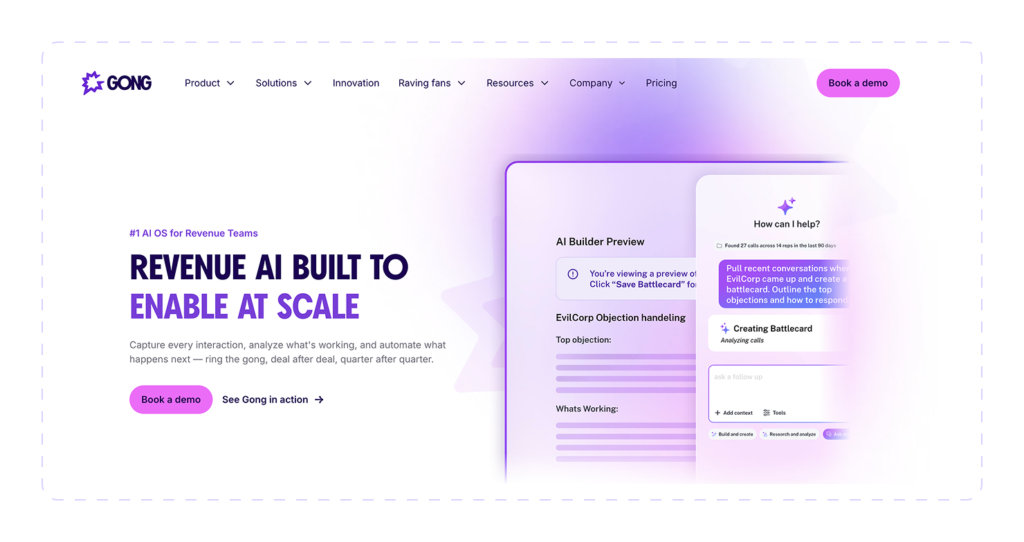 Gong revenue AI platform homepage with AI Builder preview for sales teams