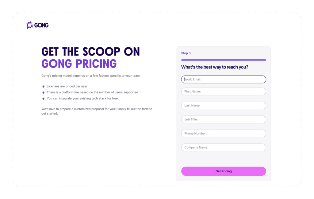 Gong pricing request form explaining per-user licenses and a platform fee