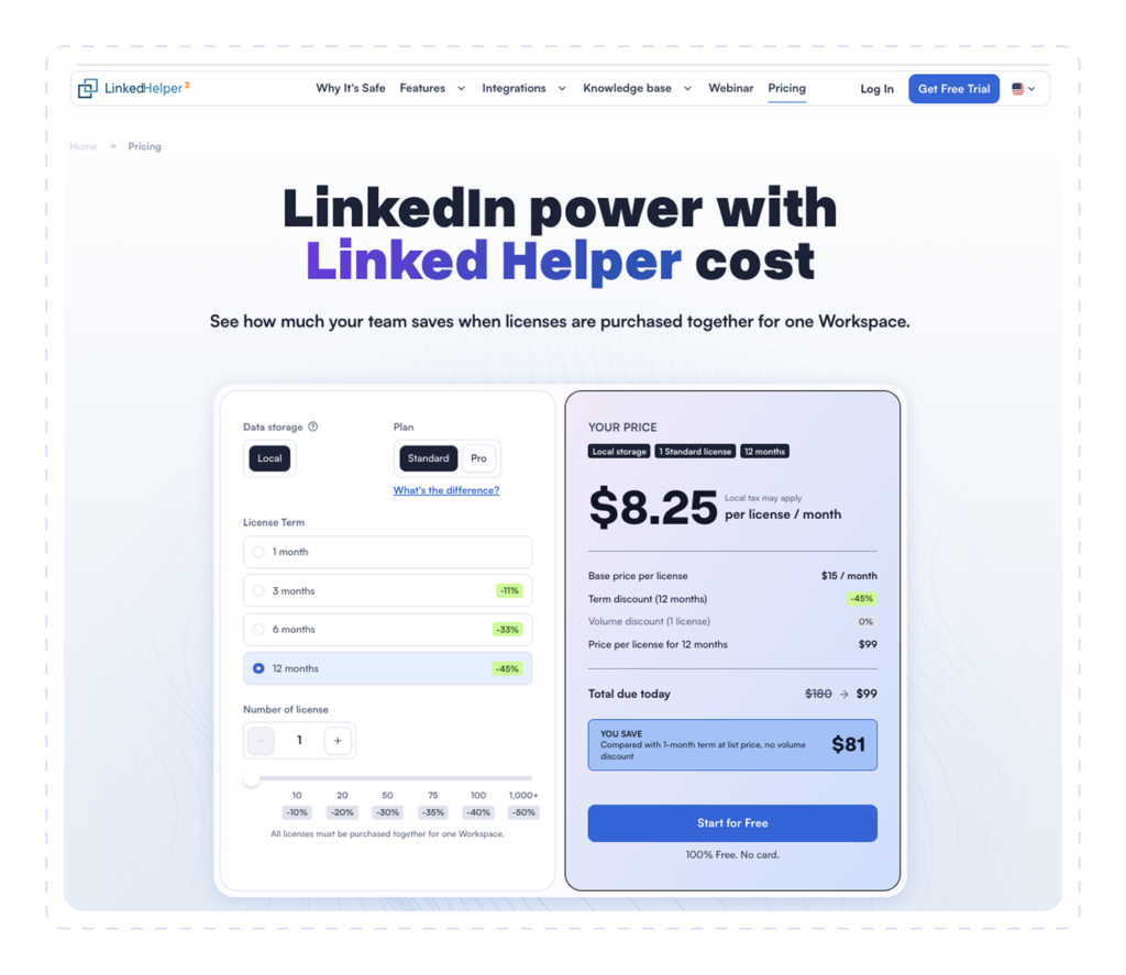 Linked Helper pricing calculator showing Standard license at $8.25/month on a 12-month term