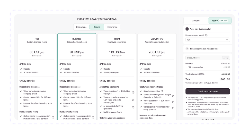 Typeform pricing teams