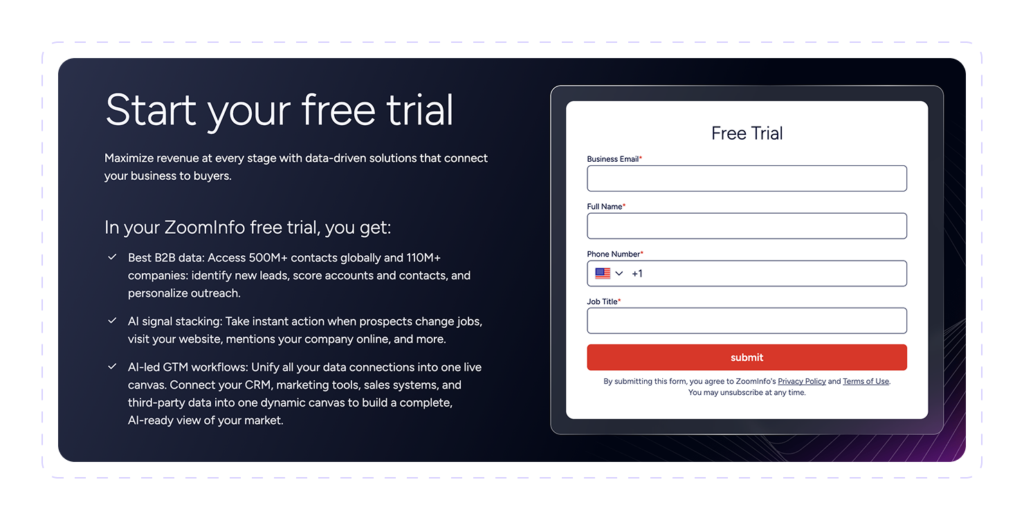 ZoomInfo free trial signup form.