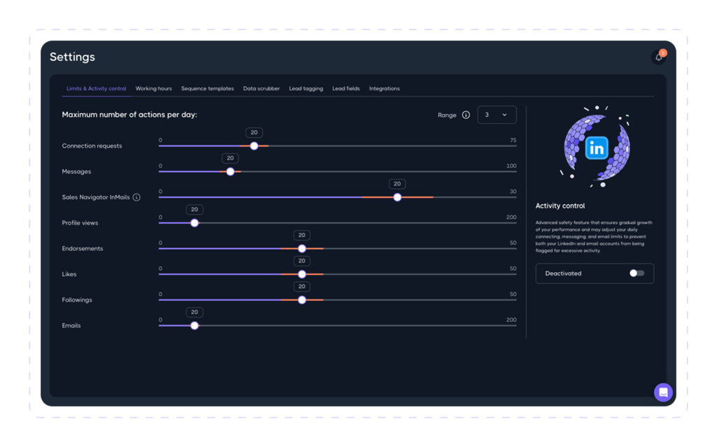 Dripify Limits & Activity Control settings with sliders for daily LinkedIn connection requests, messages, InMails, profile views, and emails