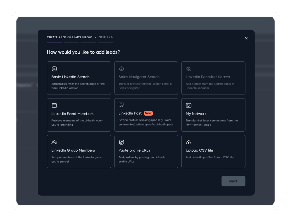Dripify lead import options, including LinkedIn Search, Sales Navigator, event and group members, post engagers, profile URLs, and CSV upload