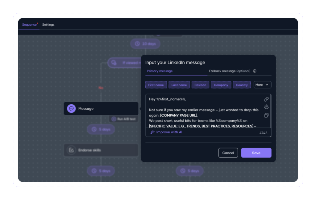 Dripify campaign builder showing a LinkedIn message step with personalization variables, a fallback message option, and an Improve with AI button