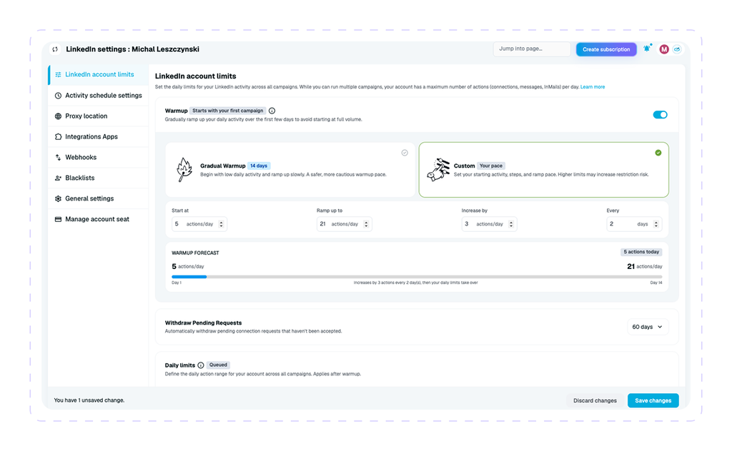 Expandi LinkedIn account limits settings with a custom warmup that ramps daily actions from 5 to 21 over 14 days
