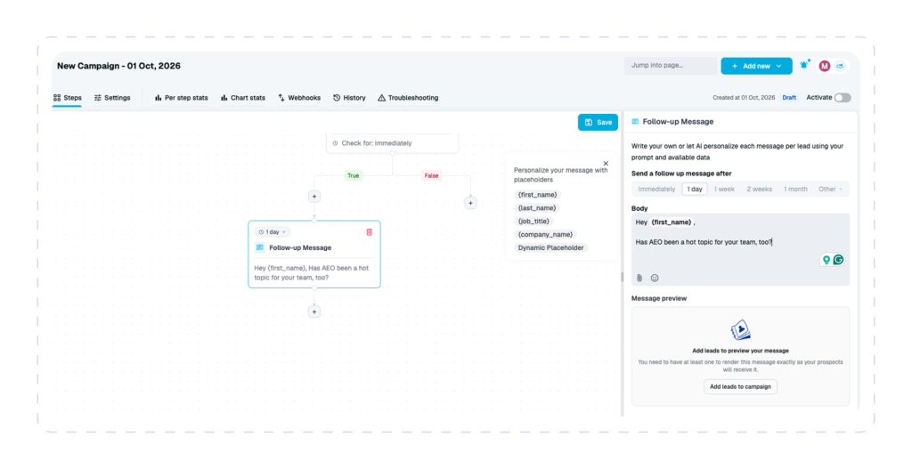 Expandi campaign builder showing a conditional follow-up message step with personalization placeholders and a message editor