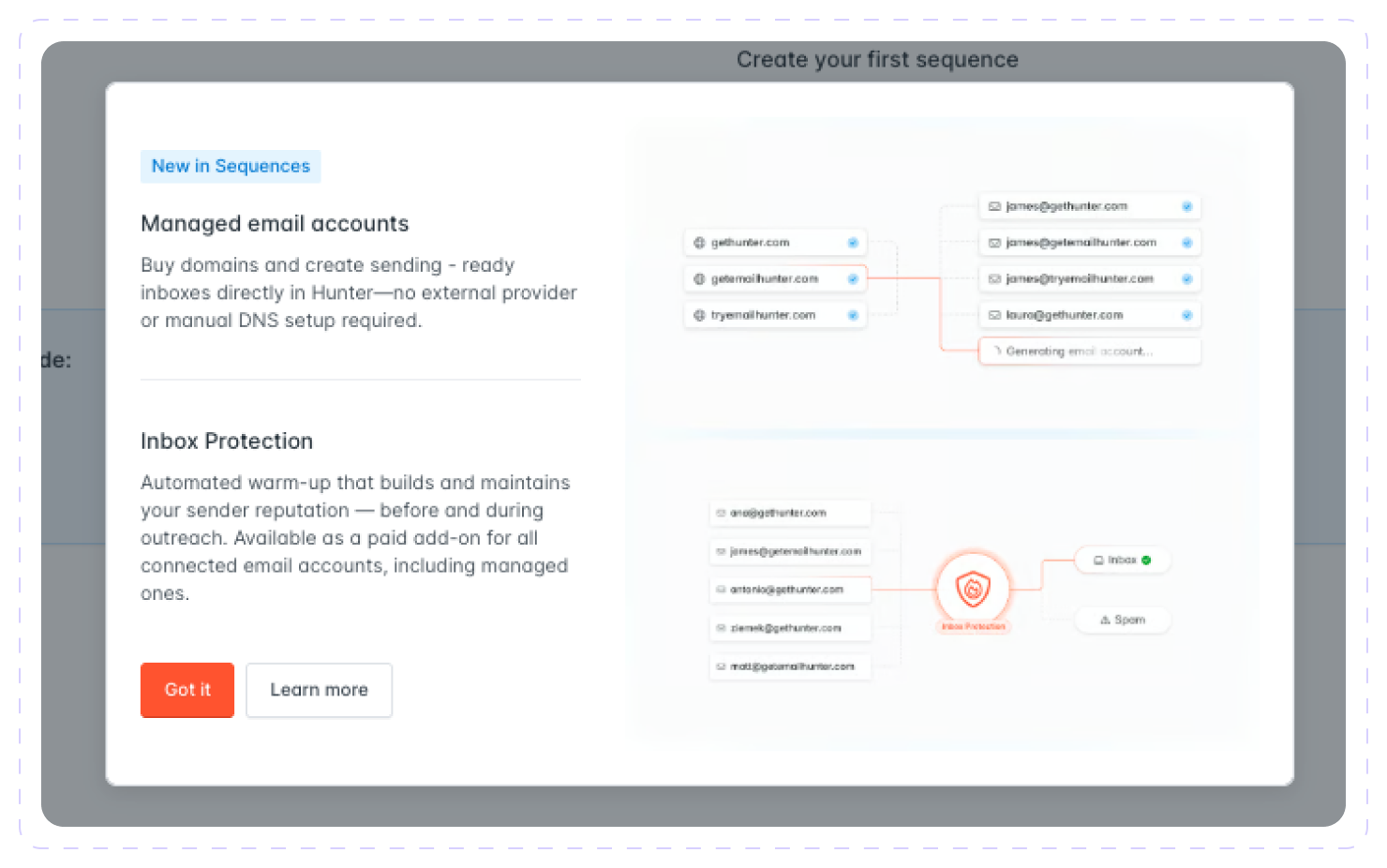 Hunter.io Inbox Protection in Sequences