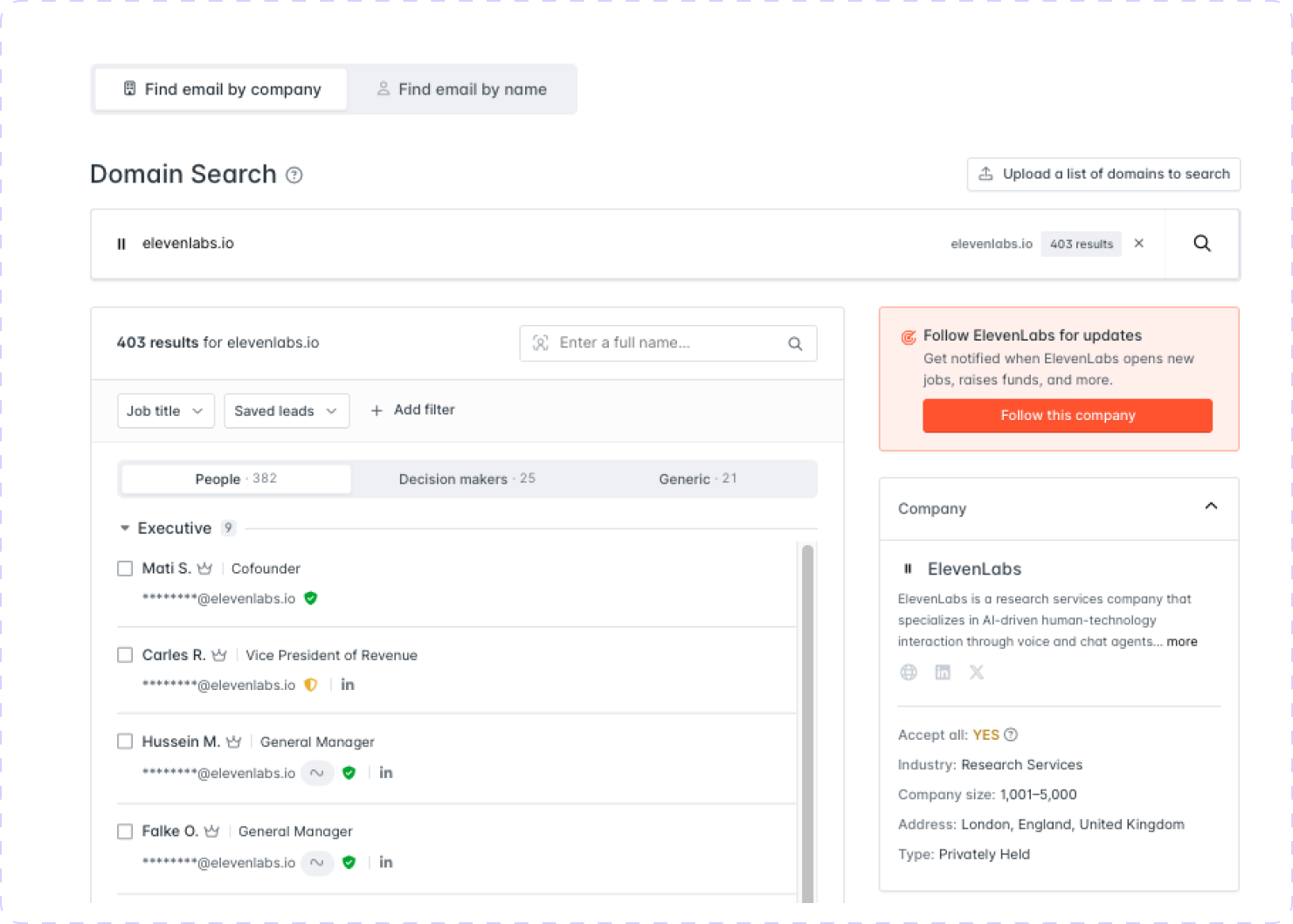 Hunter.io domain search feature showing results for a selected company domain.