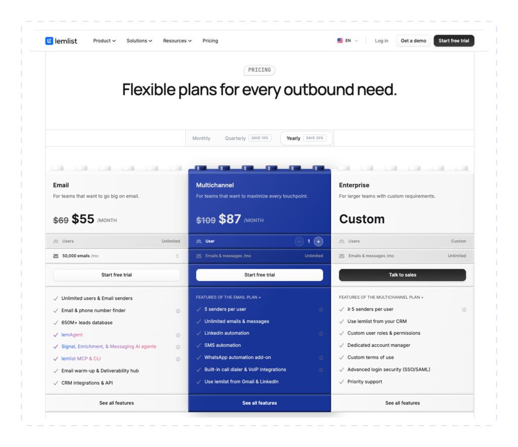 Lemlist pricing page showing Email ($55/month), Multichannel ($87/month), and custom Enterprise plans on yearly billing