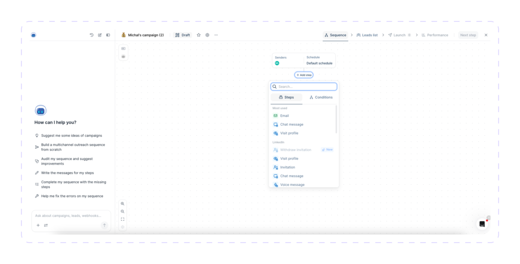 Lemlist sequence builder with an AI assistant panel and a step menu for email, LinkedIn invitations, and messages