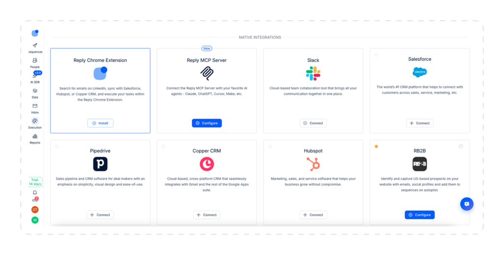 Reply.io native integrations page with Chrome Extension, MCP Server, Slack, Salesforce, Pipedrive, and HubSpot
