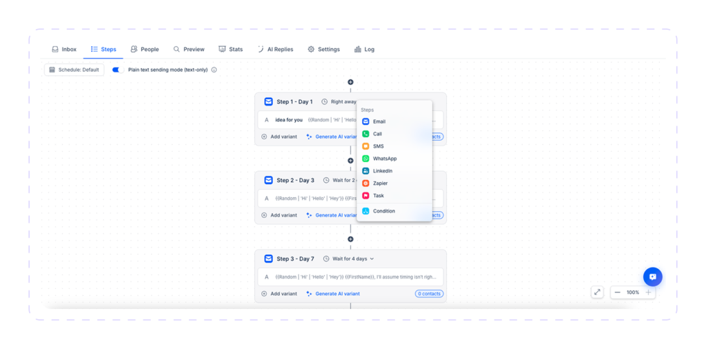 Reply.io sequence builder with email steps and a menu to add call, SMS, WhatsApp, LinkedIn, Zapier, or task steps