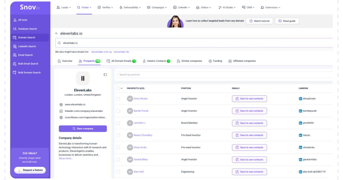 Snov.io domain search feature showing results for a selected company domain.