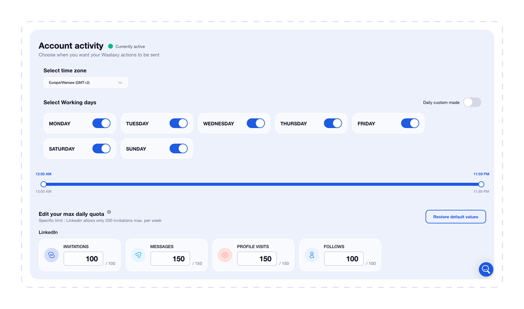 Waalaxy account activity settings with time zone, working days, active hours, and daily limits for LinkedIn invitations, messages, visits, and follows