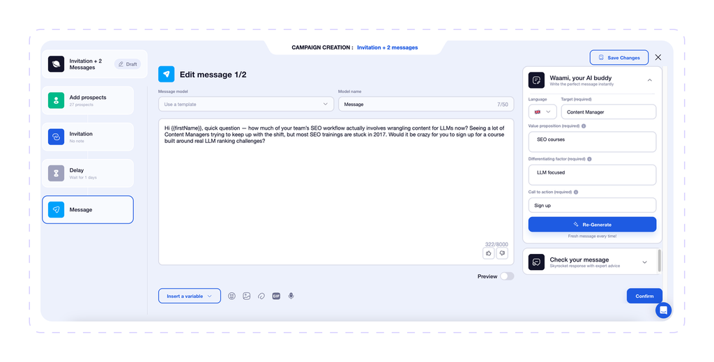 Waalaxy campaign creation editor with an invitation and message sequence and the Waami AI assistant generating a LinkedIn message